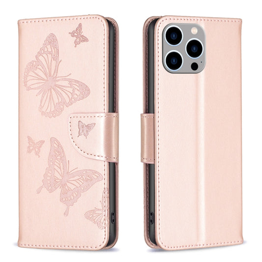 For iPhone 15 Pro Max Embossing Two Butterflies Pattern Leather Phone Case(Rose Gold) - iPhone 15 Pro Cases by buy2fix | Online Shopping UK | buy2fix