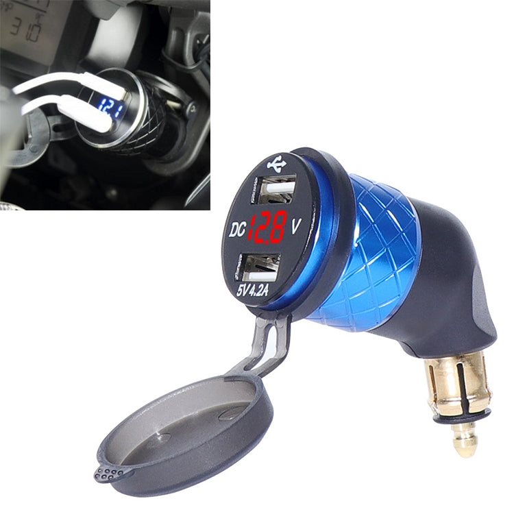 German EU Plug Special Motorcycle Elbow Charger Dual USB Voltmeter 4.2A Charger, Shell Color:Blue(Red Light) - In Car by buy2fix | Online Shopping UK | buy2fix