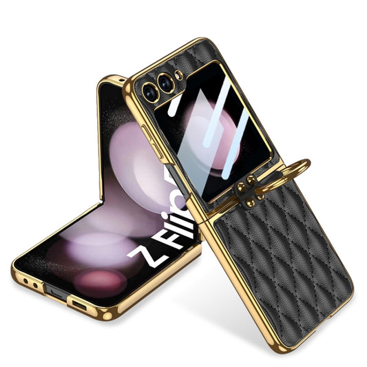 For Samsung Galaxy Z Flip5 GKK Integrated Plating Diamond Texture PU Phone Case with Ring(Black) - Galaxy Z Flip5 Cases by GKK | Online Shopping UK | buy2fix