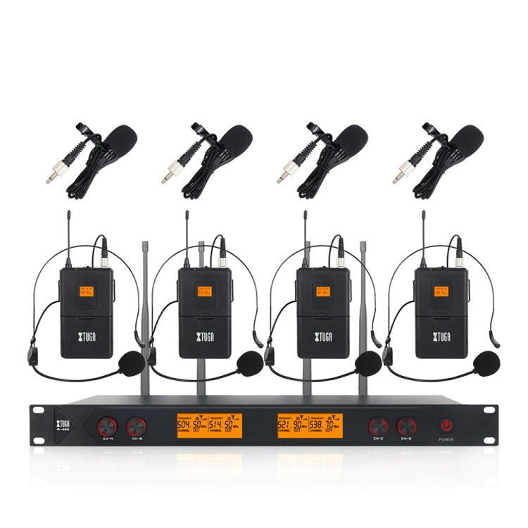 XTUGA A400-B Professional 4-Channel UHF Wireless Microphone System with 4 BodyPack Lavalier Headset Microphone(EU Plug) - Microphone by XTUGA | Online Shopping UK | buy2fix