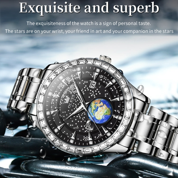 OLEVS 9967 Men Starry Sky Face Diamond Bezel Quartz Watch(Black Steel Strap) - Leather Strap Watches by OLEVS | Online Shopping UK | buy2fix