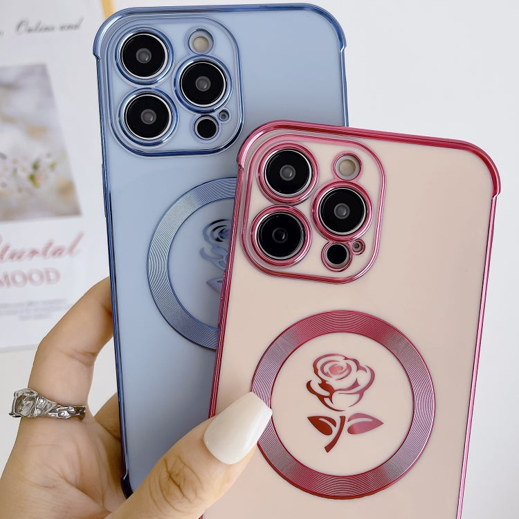 For iPhone 15 Electroplate Side Roses Flower MagSafe Phone Case(Pink) - iPhone 15 Cases by buy2fix | Online Shopping UK | buy2fix