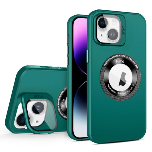 For iPhone 15 Skin Feel Magnifier MagSafe Lens Holder Phone Case(Dark Green) - iPhone 15 Cases by buy2fix | Online Shopping UK | buy2fix