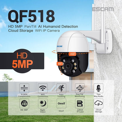 ESCAM QF518 5MP Smart WiFi IP Camera, Support AI Humanoid Detection / Auto Tracking / Dual Light Night Vision / Cloud Storage / Two Way Audio / TF Card, Plug:UK Plug(White) - Dome Camera by ESCAM | Online Shopping UK | buy2fix