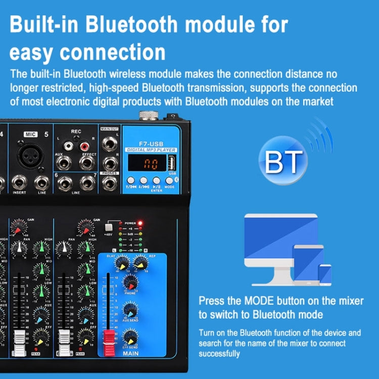F7 Home 7-channel Bluetooth USB Reverb Mixer, EU Plug(Black) - Consumer Electronics by buy2fix | Online Shopping UK | buy2fix