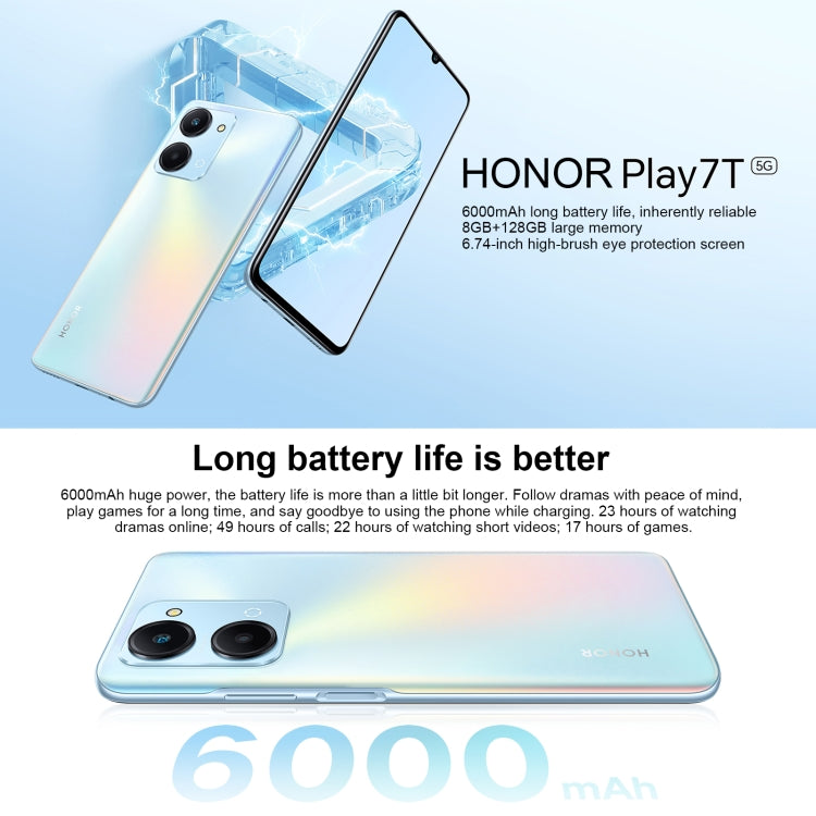 Honor Play7T RKY-AN10, 50MP Camera, 8GB+128GB, China Version, Dual Back Cameras, Side Fingerprint Identification, 6000mAh Battery, 6.74inch Magic UI 6.1 / Android 12  Dimensity 6020 Octa Core, Network: 5G, OTG, Not Support Google Play (Silver) - Honor by Huawei | Online Shopping UK | buy2fix