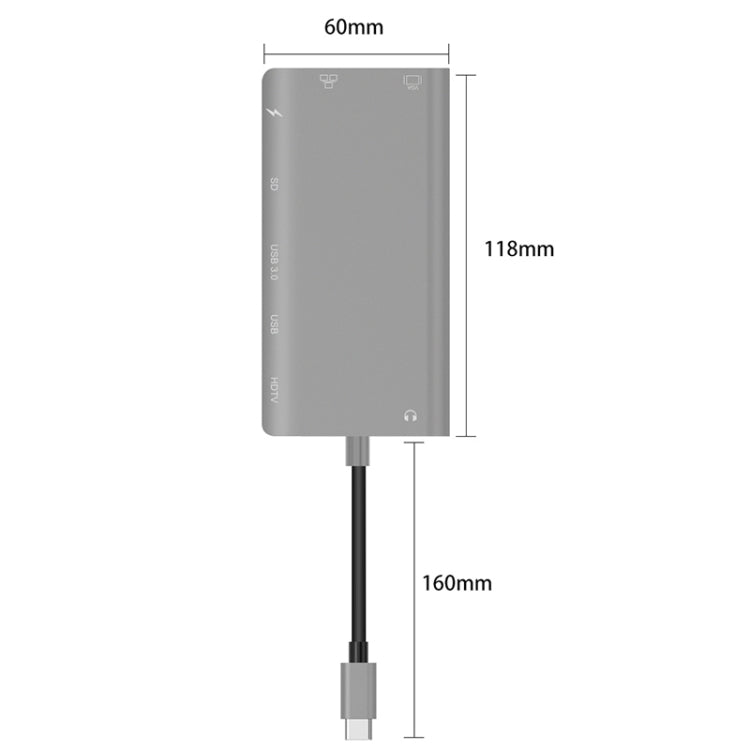 Onten 9591BD 8 in 1 USB-C / Type-C to PD USB-C / Type-C Charging + Gigabit Ethernet + Dual USB 3.0 + HDMI + VGA + SD Card Slot + 3.5mm AUX HUB(Grey) - USB HUB by Onten | Online Shopping UK | buy2fix