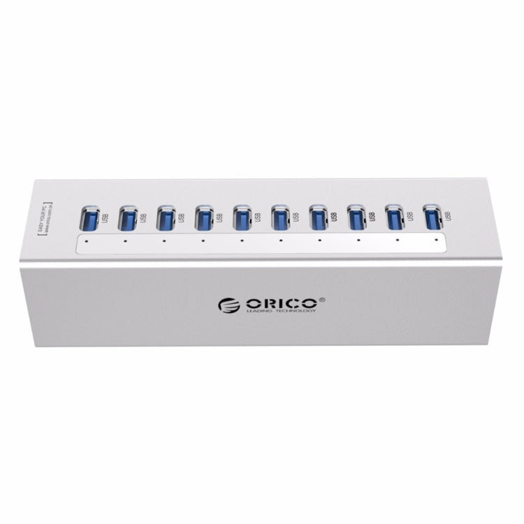 ORICO A3H10 Aluminum High Speed 10 Ports USB 3.0 HUB with Power Adapter for Laptops(Silver) - USB 3.0 HUB by ORICO | Online Shopping UK | buy2fix