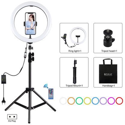 PULUZ 11.8 inch 30cm RGB Light 1.1m Tripod Mount Dimmable LED Ring Vlogging Selfie Photography Video Lights Live Broadcast Kits with Cold Shoe Tripod Ball Head & Phone Clamp(EU Plug) - Ring Light by PULUZ | Online Shopping UK | buy2fix