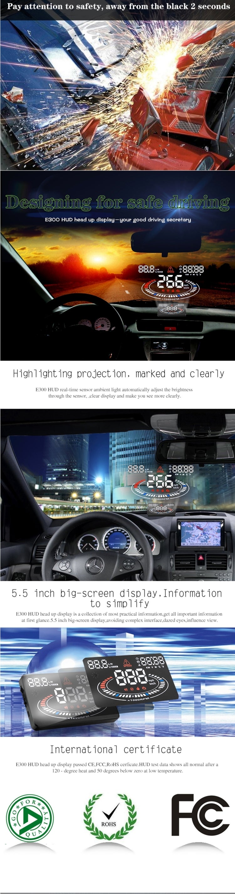 E300 5.5 inch Car OBDII / EUOBD HUD Vehicle-mounted Head Up Display Security System, Support Speed & Fuel Consumption, Overspeed Alarm,  Fuel Consumption, Water Temperature, etc.(Black) - Head Up Display System by buy2fix | Online Shopping UK | buy2fix