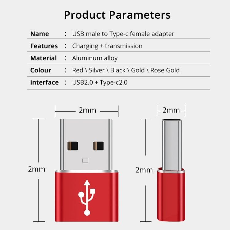 USB-C / Type-C Female to USB 2.0 Male Aluminum Alloy Adapter, Support Charging & Transmission(Red) - Type-C Adapter by buy2fix | Online Shopping UK | buy2fix