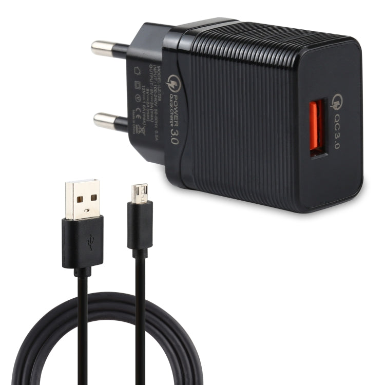 LZ-728 2 in 1 18W QC 3.0 USB Interface Travel Charger + USB to Micro USB Data Cable Set, EU Plug, Cable Length: 1m (Black) - Mobile Accessories by buy2fix | Online Shopping UK | buy2fix