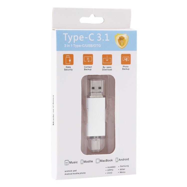 32GB 3 in 1 USB-C / Type-C + USB 2.0 + OTG Flash Disk, For Type-C Smartphones & PC Computer (Silver) - U Disk & Card Reader by buy2fix | Online Shopping UK | buy2fix