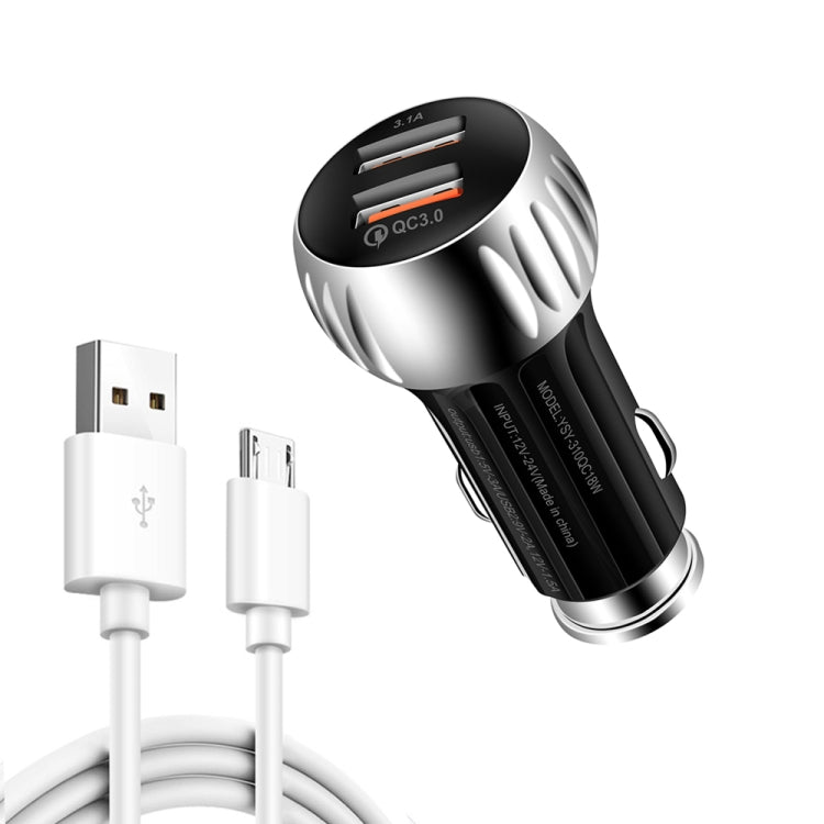 YSY-310QC18W QC3.0 Dual Port USB Car Charger + 3A USB to Micro USB Data Cable, Cable Length: 1m(Black) - In Car by buy2fix | Online Shopping UK | buy2fix