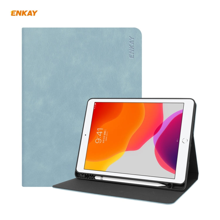 For iPad 10.2 2021 / 2020 / 2019 ENKAY ENK-8023 Cow Texture PU Leather + TPU Smart Case with Pen Slot(Sky Blue) - iPad 10.2 Cases by ENKAY | Online Shopping UK | buy2fix