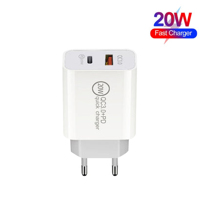 20W PD Type-C + QC 3.0 USB Interface Fast Charging Travel Charger with USB-C / Type-C to 8 Pin Fast Charge Data Cable EU Plug - Apple Accessories by buy2fix | Online Shopping UK | buy2fix