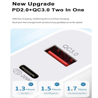 20W PD Type-C + QC 3.0 USB Interface Fast Charging Travel Charger with USB-C / Type-C to 8 Pin Fast Charge Data Cable EU Plug - Apple Accessories by buy2fix | Online Shopping UK | buy2fix