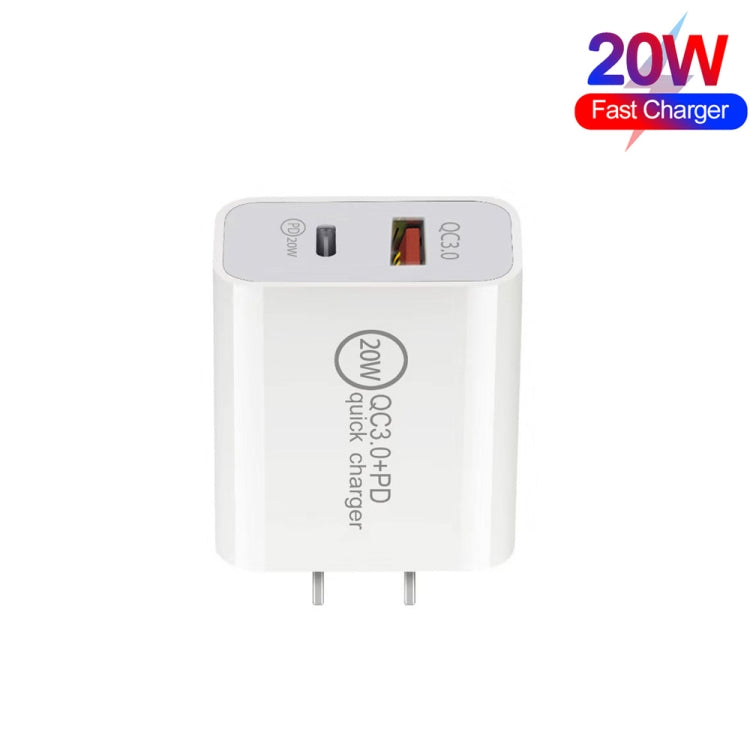 20W PD Type-C + QC 3.0 USB Interface Fast Charging Travel Charger with USB-C / Type-C to 8 Pin Fast Charge Data Cable US Plug - Apple Accessories by buy2fix | Online Shopping UK | buy2fix