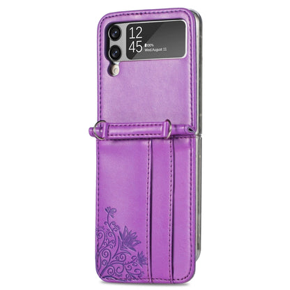 For Samsung Galaxy Z Flip 3 5G Diagonal Lanyard Embossed Card Phone Case(Purple) - Samsung Accessories by buy2fix | Online Shopping UK | buy2fix