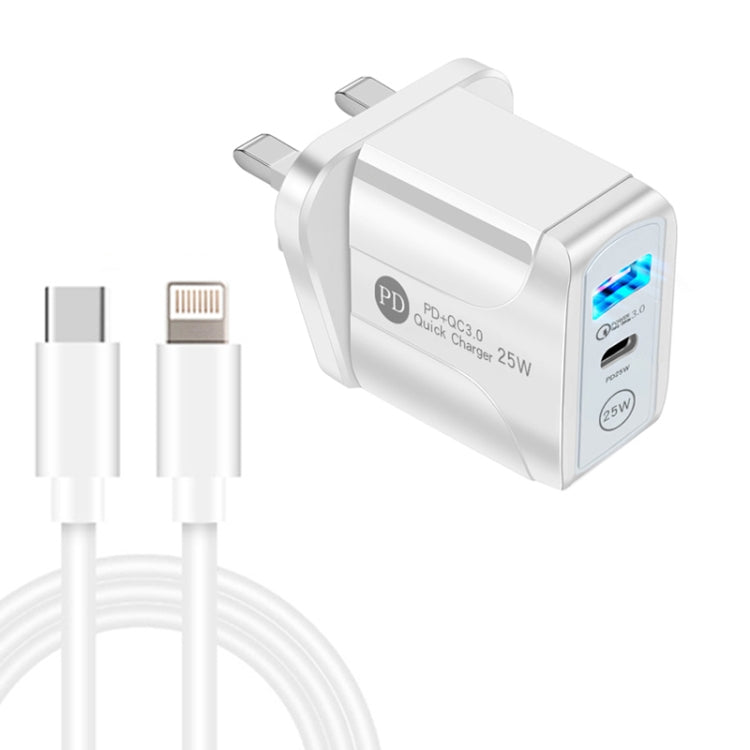 PD25W USB-C / Type-C + QC3.0 USB Dual Ports Fast Charger with USB-C to 8 Pin Data Cable, UK Plug(White) - USB Charger by buy2fix | Online Shopping UK | buy2fix