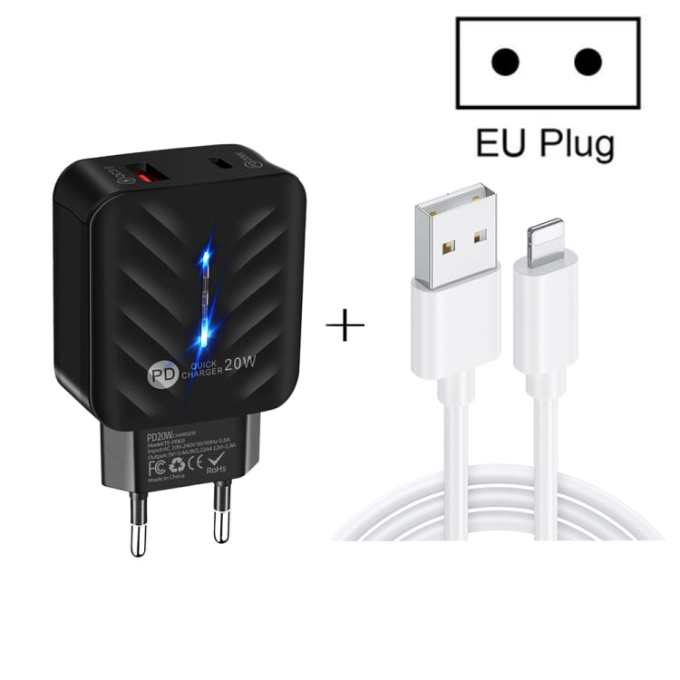 PD03 20W PD3.0 + QC3.0 USB Charger with USB to 8 Pin Data Cable, EU Plug(Black) - Apple Accessories by buy2fix | Online Shopping UK | buy2fix