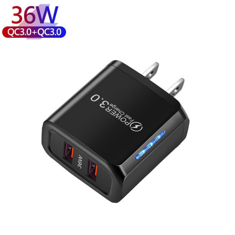 36W Dual Port QC3.0 USB Charger with 3A USB to Micro USB Data Cable, US Plug(Black) - Mobile Accessories by buy2fix | Online Shopping UK | buy2fix