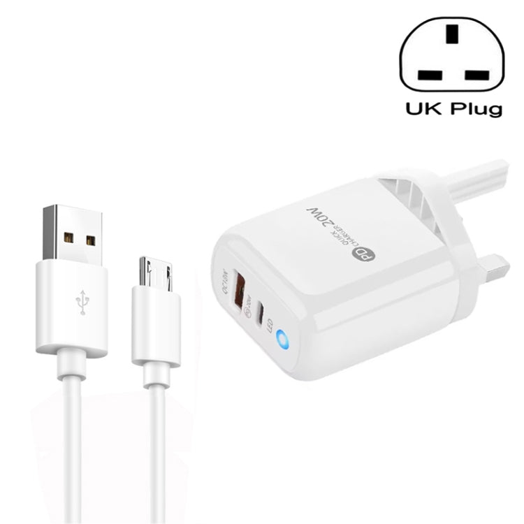 PD04 Type-C + USB Mobile Phone Charger with USB to Micro USB Cable, UK Plug(White) -  by buy2fix | Online Shopping UK | buy2fix