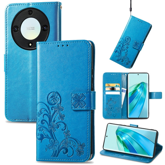 For Honor Magic5 Lite Four-leaf Clasp Embossed Buckle Leather Phone Case(Blue) - Honor Cases by buy2fix | Online Shopping UK | buy2fix