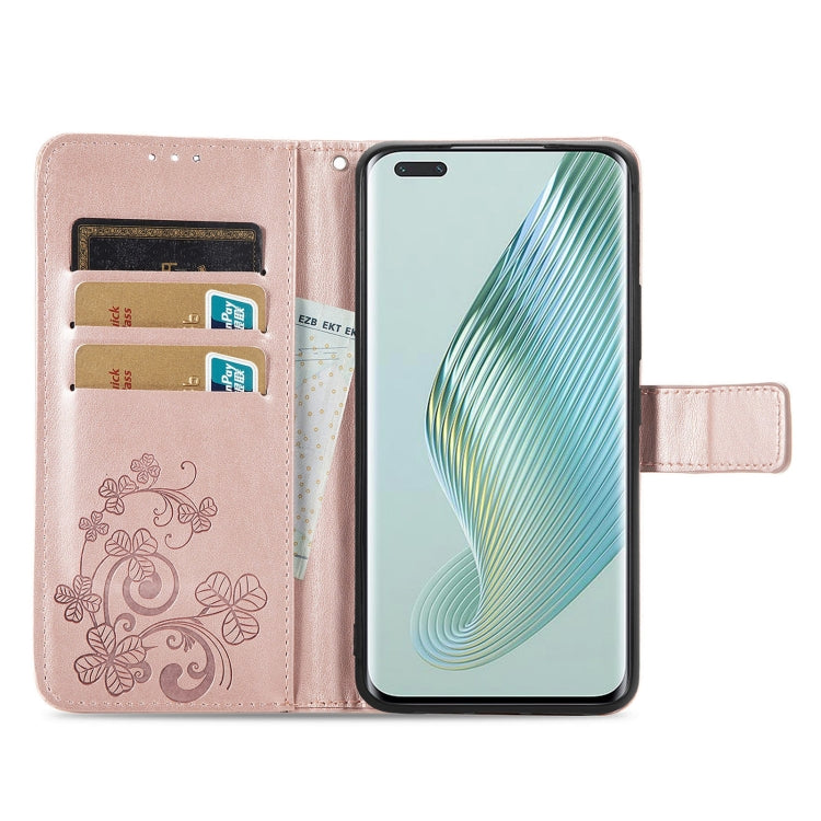 For Honor Magic5 Pro Four-leaf Clasp Embossed Buckle Leather Phone Case(Rose Gold) - Honor Cases by buy2fix | Online Shopping UK | buy2fix