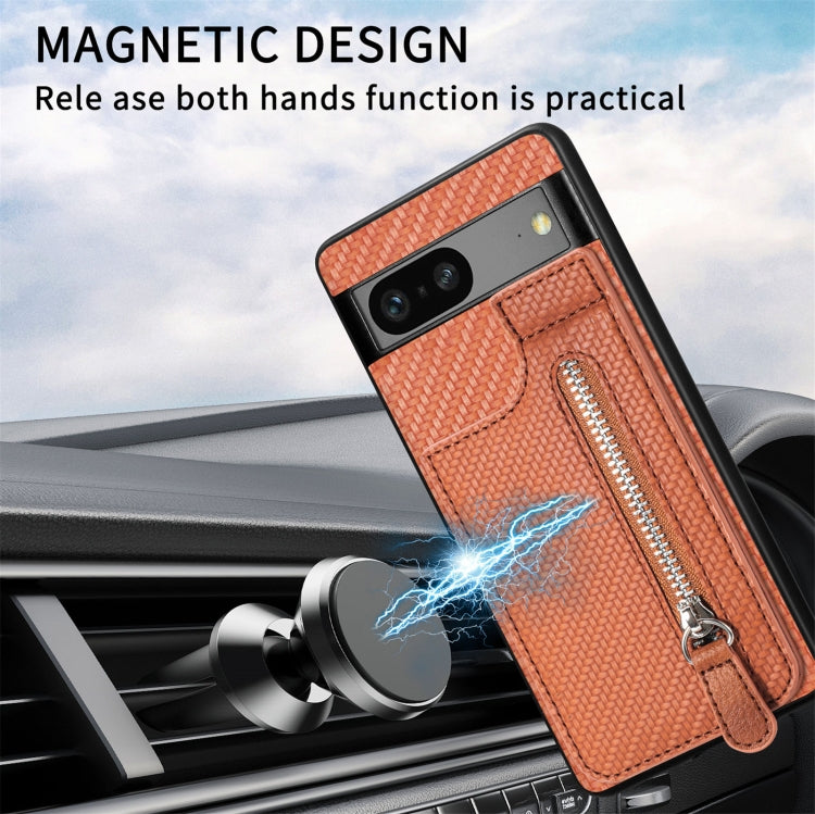 For Google Pixel 7A Carbon Fiber Vertical Flip Zipper Phone Case(Brown) - Google Cases by buy2fix | Online Shopping UK | buy2fix