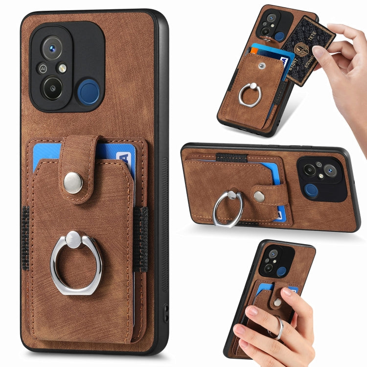 For Redmi 12C Retro Skin-feel Ring Card Wallet Phone Case(Brown) - Xiaomi Cases by buy2fix | Online Shopping UK | buy2fix