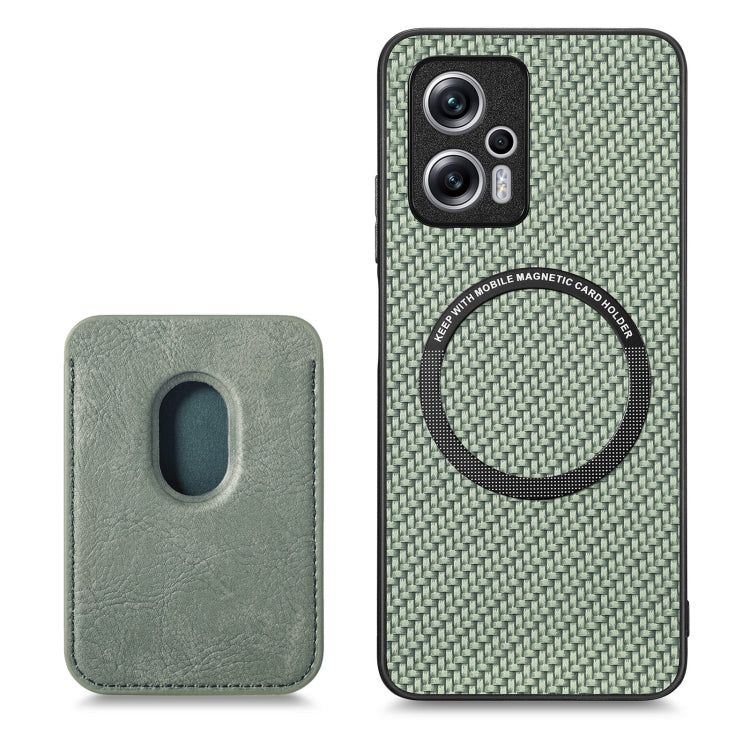 For Redmi Note 11T Pro 5G Carbon Fiber Leather Card Magsafe Phone Case(Green) - Xiaomi Cases by buy2fix | Online Shopping UK | buy2fix