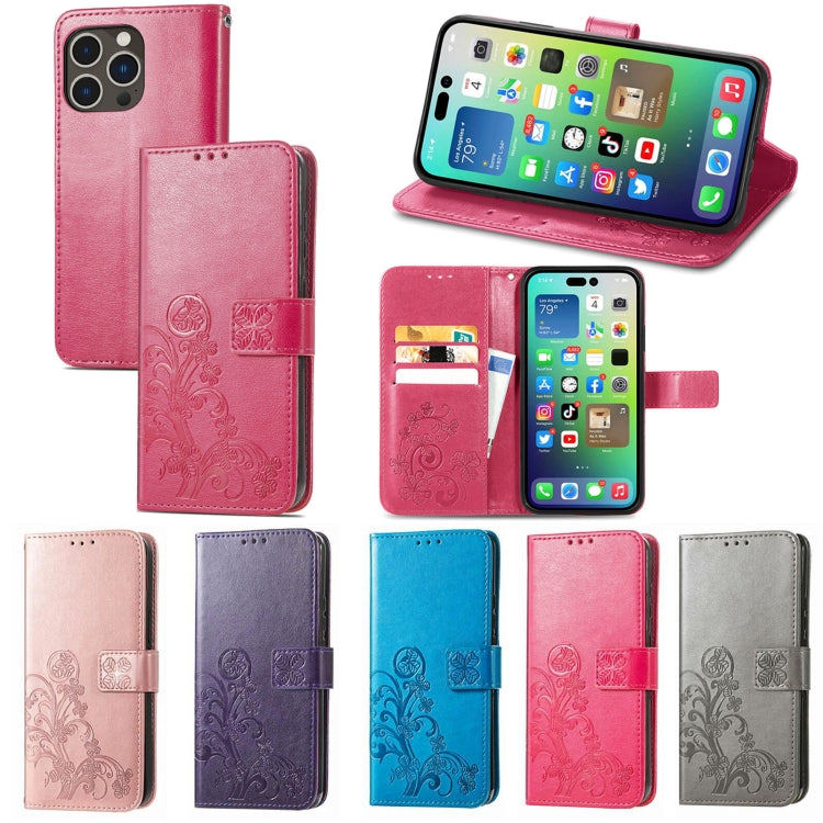 For iPhone 15 Four-leaf Clasp Embossed Buckle Leather Phone Case(Purple) - iPhone 15 Cases by buy2fix | Online Shopping UK | buy2fix