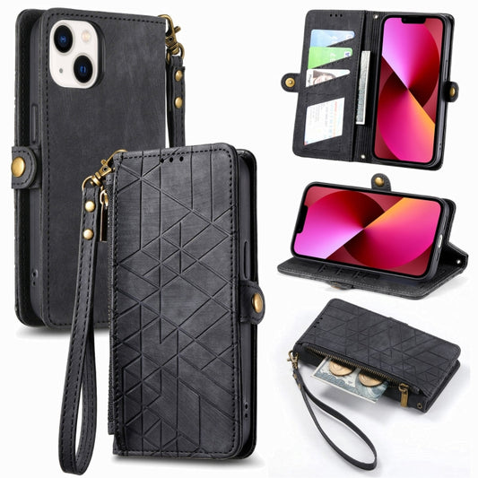 For iPhone 13 Geometric Zipper Wallet Side Buckle Leather Phone Case(Black) - iPhone 13 Cases by buy2fix | Online Shopping UK | buy2fix