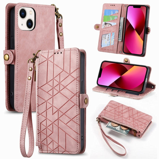 For iPhone 13 Geometric Zipper Wallet Side Buckle Leather Phone Case(Pink) - iPhone 13 Cases by buy2fix | Online Shopping UK | buy2fix