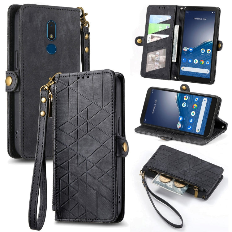 For Nokia C3 Geometric Zipper Wallet Side Buckle Leather Phone Case(Black) - Nokia Cases by buy2fix | Online Shopping UK | buy2fix