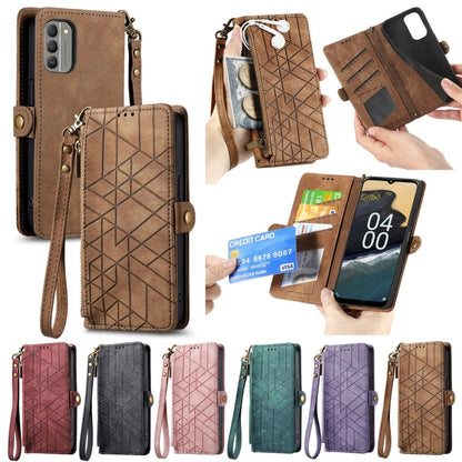 For Nokia C12 Geometric Zipper Wallet Side Buckle Leather Phone Case(Black) - Nokia Cases by buy2fix | Online Shopping UK | buy2fix