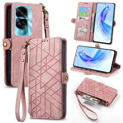 For Honor 90 Lite / X50i Geometric Zipper Wallet Side Buckle Leather Phone Case(Pink) - Honor Cases by buy2fix | Online Shopping UK | buy2fix