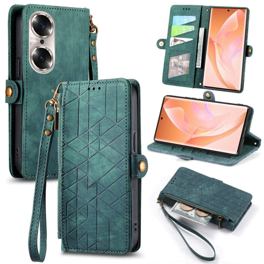 For Honor 60 Geometric Zipper Wallet Side Buckle Leather Phone Case(Green) - Honor Cases by buy2fix | Online Shopping UK | buy2fix