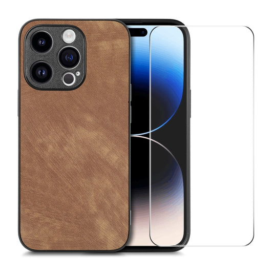 For iPhone 14 Pro ENKAY Retro Leather Skin PC Phone Case with High Aluminum-silicon Glass Film(Brown) - iPhone 14 Pro Cases by ENKAY | Online Shopping UK | buy2fix