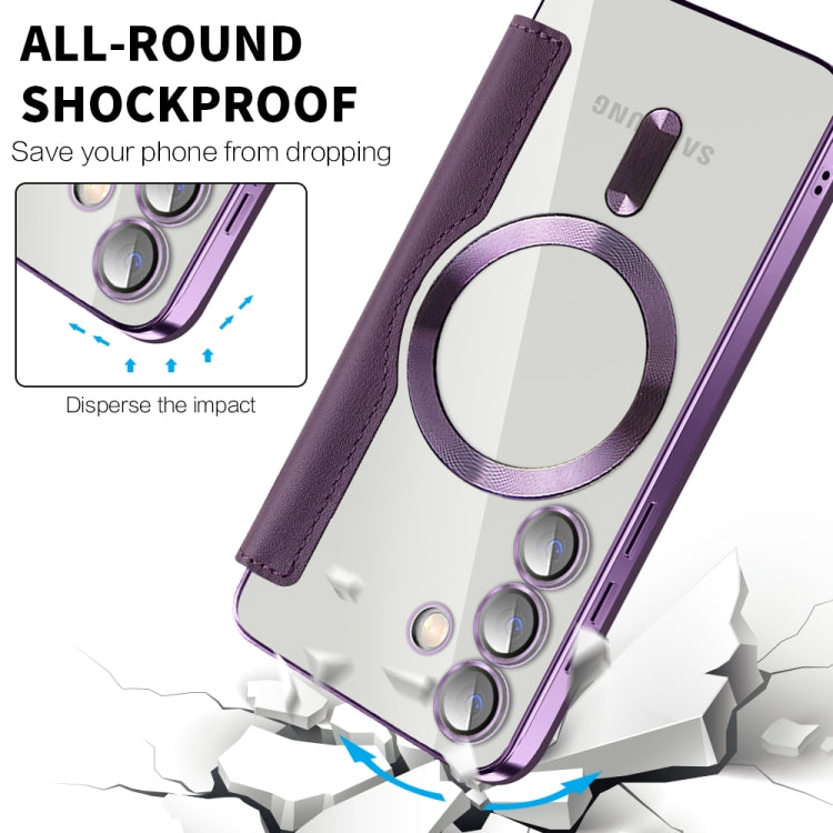 For Samsung Galaxy S24 5G Shield Magsafe RFID Anti-theft Rhombus Leather Phone Case(Purple) - Galaxy S24 5G Cases by buy2fix | Online Shopping UK | buy2fix