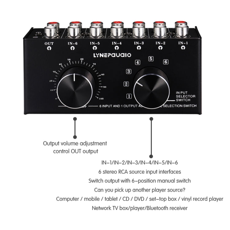 B016 6 Input 1 Output Audio Signal Source Selection Switcher, Output Volume Adjustment Control RCA Port - Consumer Electronics by buy2fix | Online Shopping UK | buy2fix