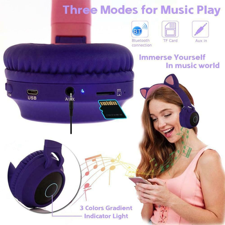 BT028C Cute Cat Ear Bluetooth 5.0 Headphones Foldable On-Ear Stereo Wireless Headset Headphone with Mic / LED Light / FM Radio / TF Card(Blue) - Headset & Headphone by buy2fix | Online Shopping UK | buy2fix