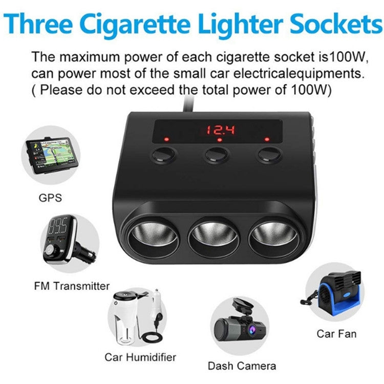 TR12 3 in 1 100W 4USB Car Cigarette Lighter with Switch Voltage Display(Black Red) - In Car by buy2fix | Online Shopping UK | buy2fix