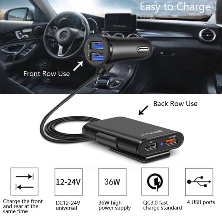 One For Four 8A Car Charger QC3.0 Fast Charge 4USB Car Front And Rear Seat Car Charger - In Car by buy2fix | Online Shopping UK | buy2fix