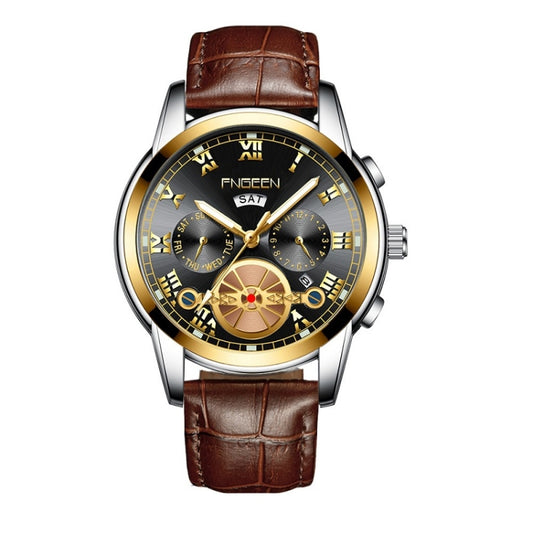 FNGEEN 4001 Men Watch Multi-Function Quartz Watch, Colour: Brown Leather Gold Black Surface - Alloy Watches by FNGEEN | Online Shopping UK | buy2fix