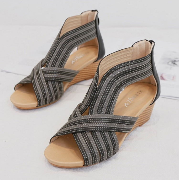 Women Summer Slope Heel Sandals Fashion Bohemian Style Fish Mouth Shoes, Size: 37(Black) - Sandals by Sweet Couple | Online Shopping UK | buy2fix