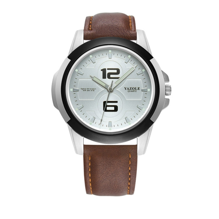 YAZOLE 418 Sports Watch Casual Fashion Luminous Men Quartz Watch(White Tray Dark Brown Belt) - Leather Strap Watches by YAZOLE | Online Shopping UK | buy2fix