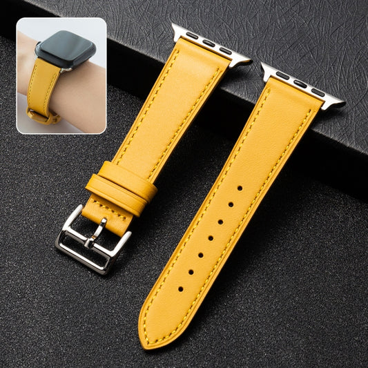 Cowhide Leather Strap Watch Band For Apple Watch Ultra 49mm / Series 8&7 45mm / SE 2&6&SE&5&4 44mm / 3&2&1 42mm(Yellow) - Watch Bands by buy2fix | Online Shopping UK | buy2fix