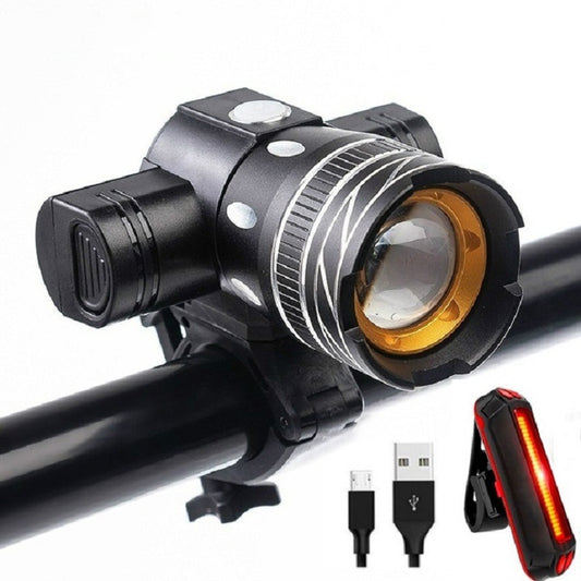 7602 LED USB Charging Telescopic Zoom Bicycle Front Light, Specification: Headlight +11034 Taillight - Headlights by buy2fix | Online Shopping UK | buy2fix